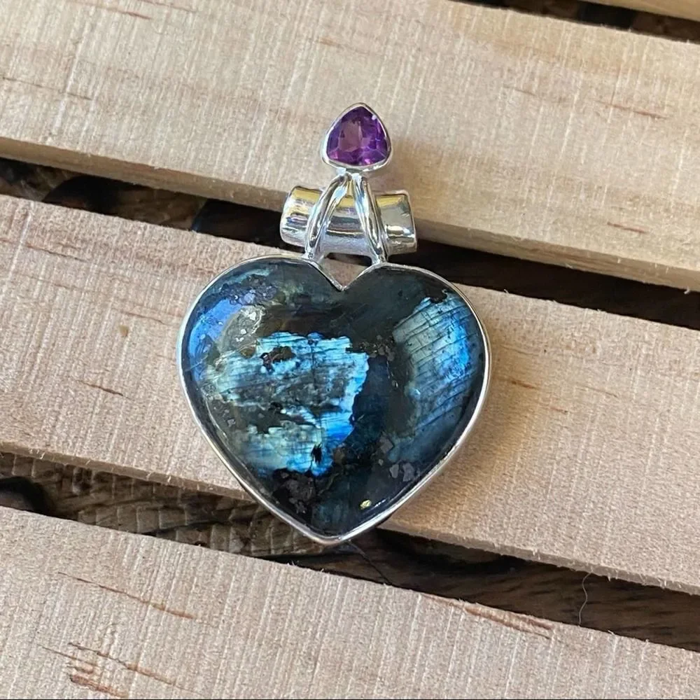 Larvikite Black Moonstone and Amethyst Heart Solid Sterling Silver Pendant